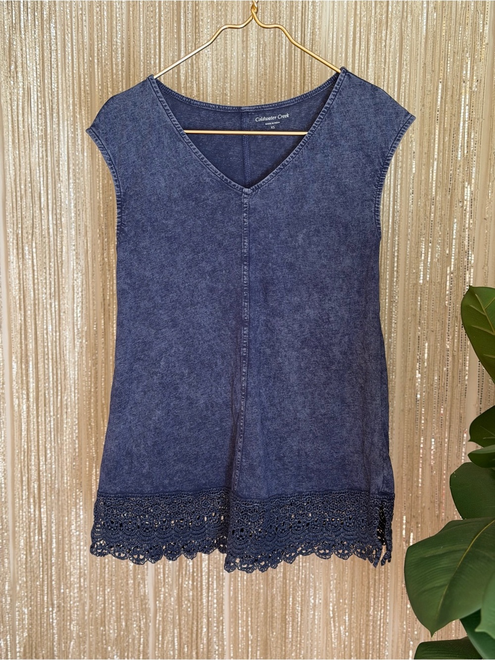 Coldwater Creek XS Indigo Blue 100% Cotton Tunic Top Crochet Lace Hem Boho Soft